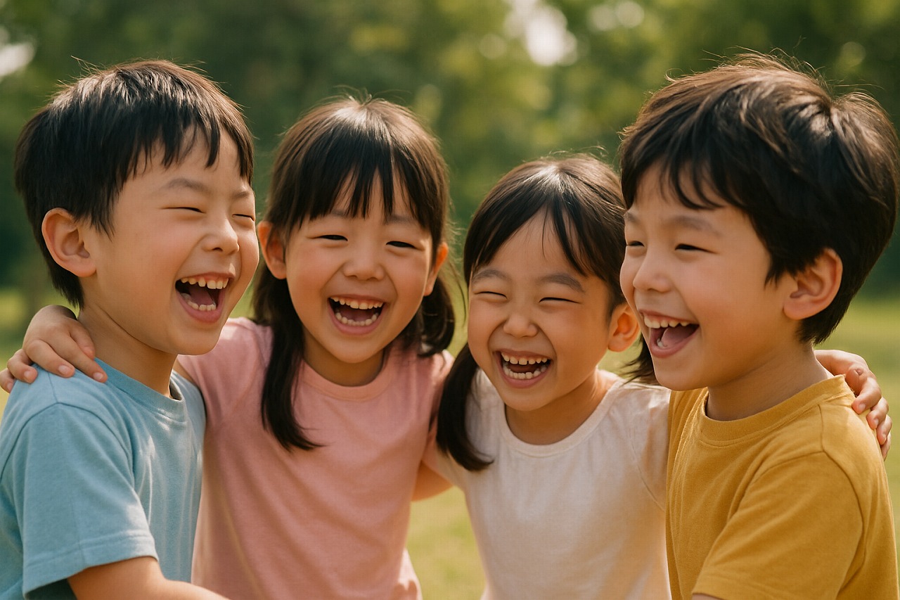 屋外で輪になって笑い合う園児たち。自然光の中のあたたかな一瞬。