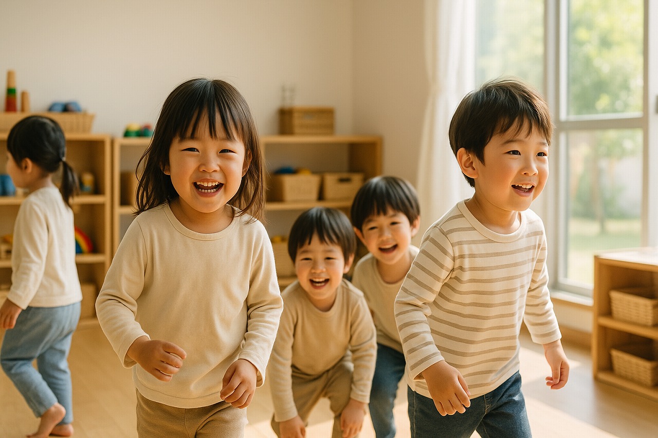 登園後、保育室で子どもたちが笑顔で遊びながら過ごしている様子。