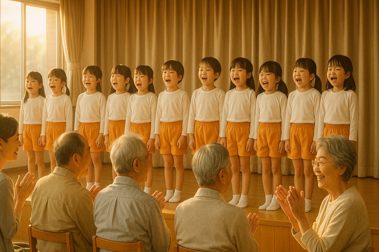 舞台で歌う年長児と拍手を送る祖父母。敬老会の感動的なシーン。