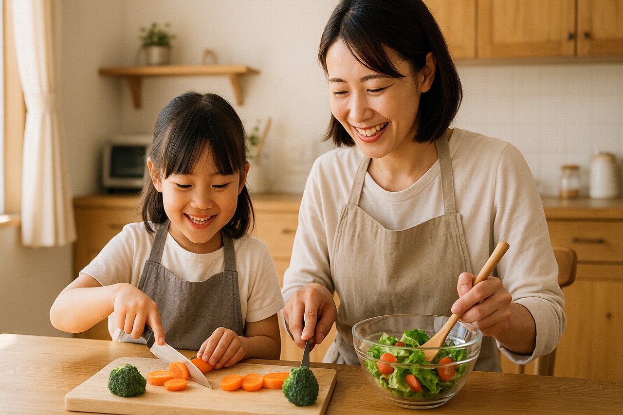 親子でエプロンをつけ、キッチンで一緒に野菜を切っている