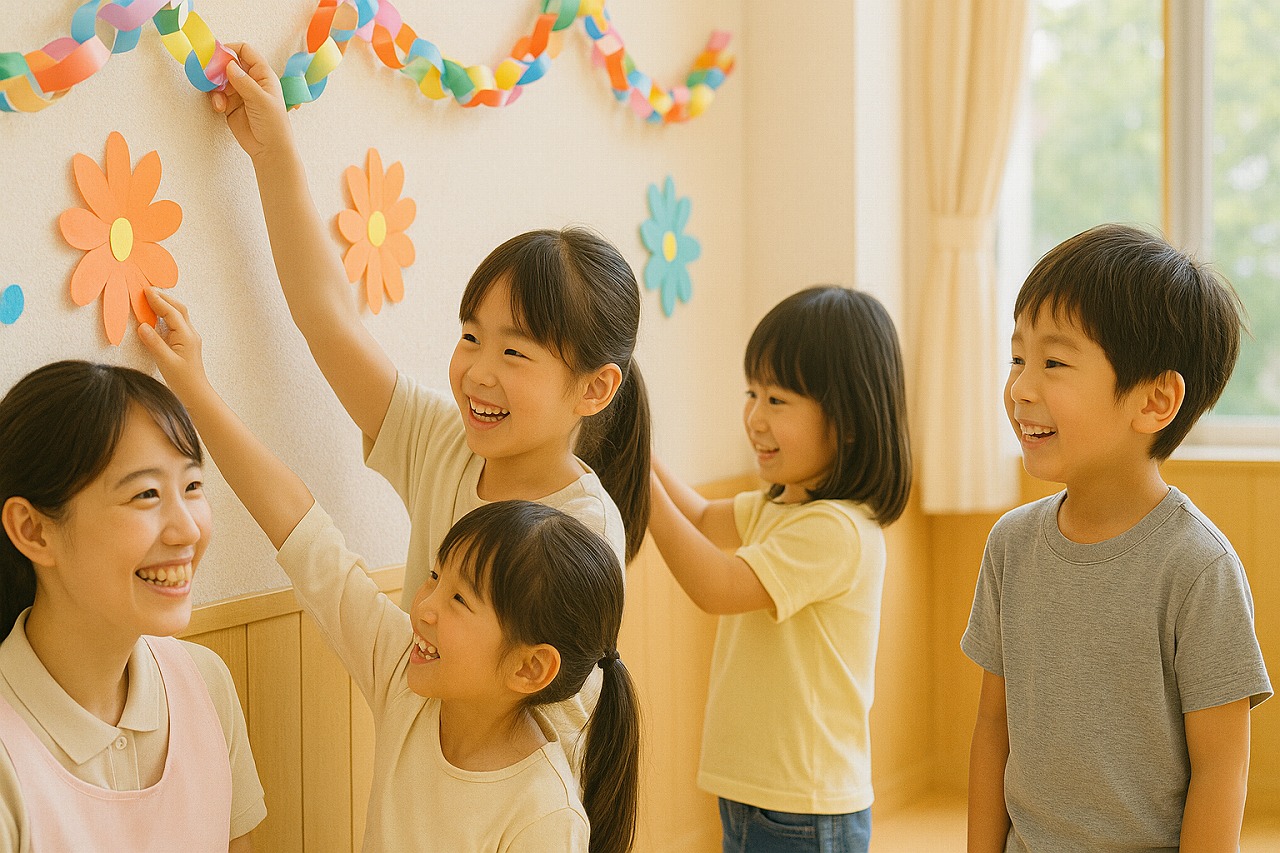 敬老会の準備で、保育士と園児が飾りを作っている明るい教室の様子。