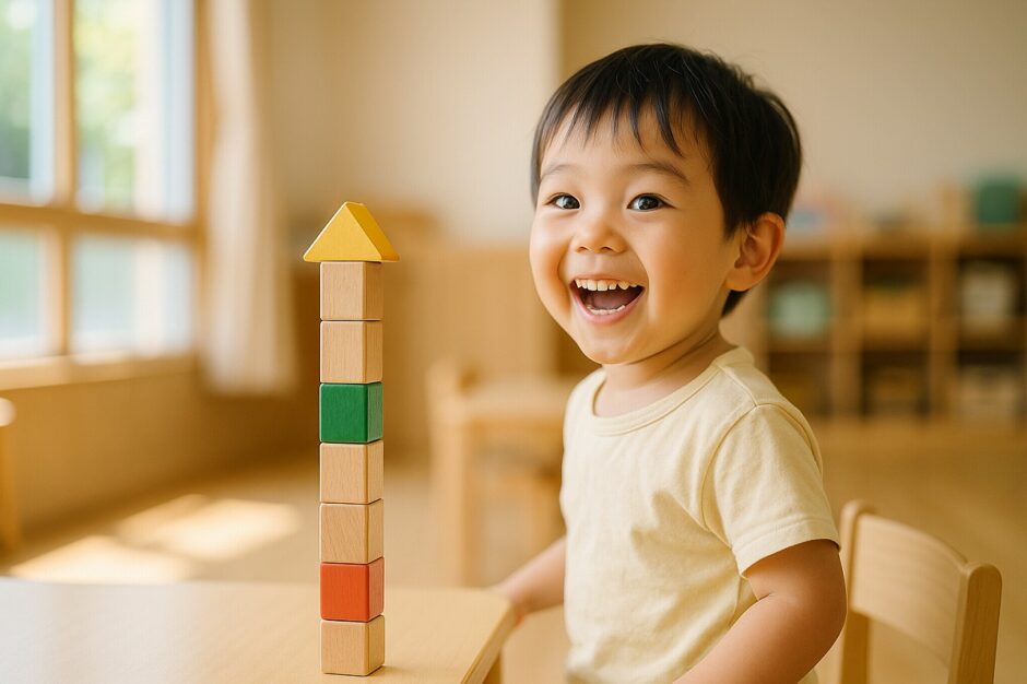 積み木を積み上げて振り返りながら嬉しそうに笑う幼い子どもの様子を、自然光の室内で撮影した写真。