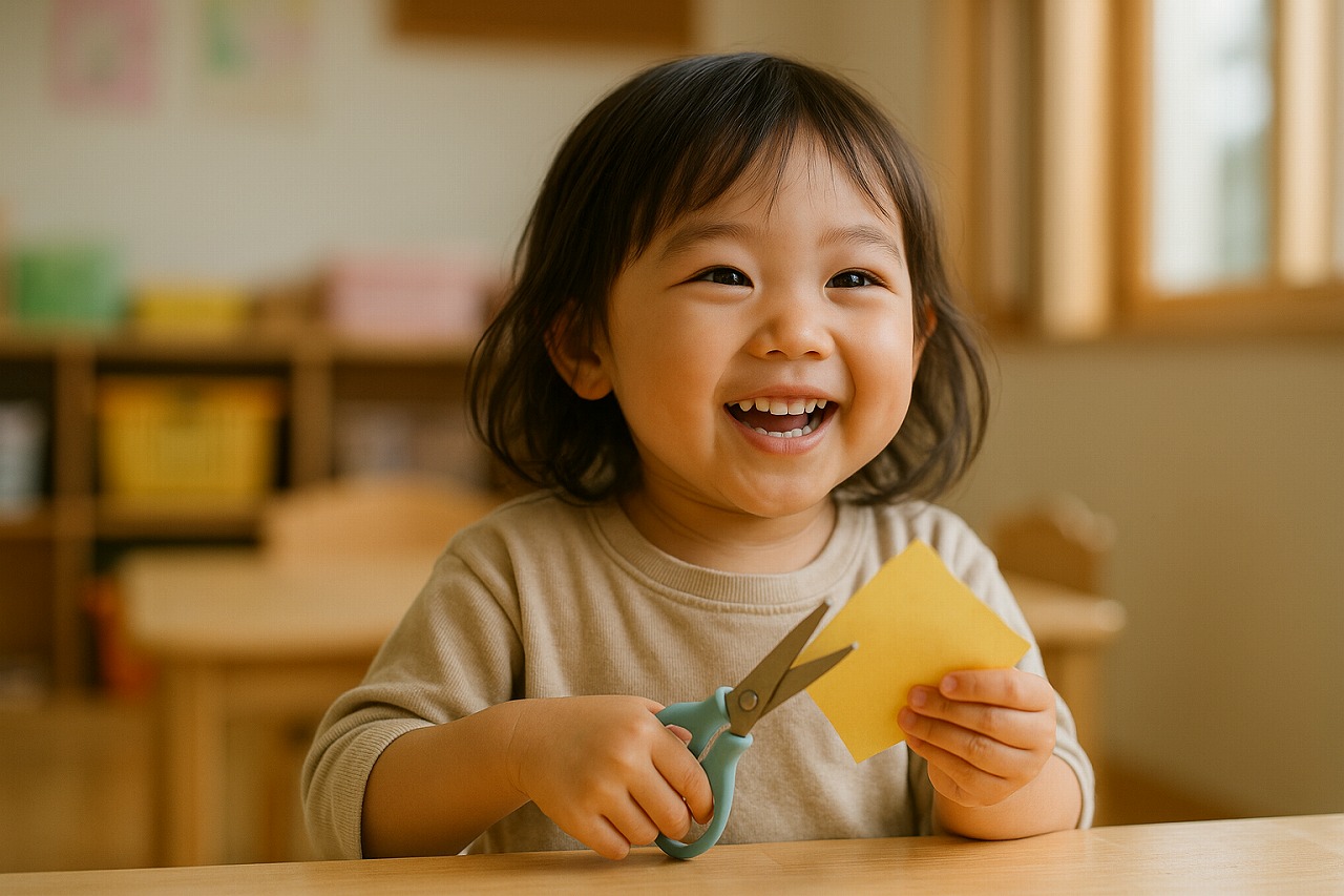 工作でハサミを使うのに成功し嬉しそうな表情の子どもの写真