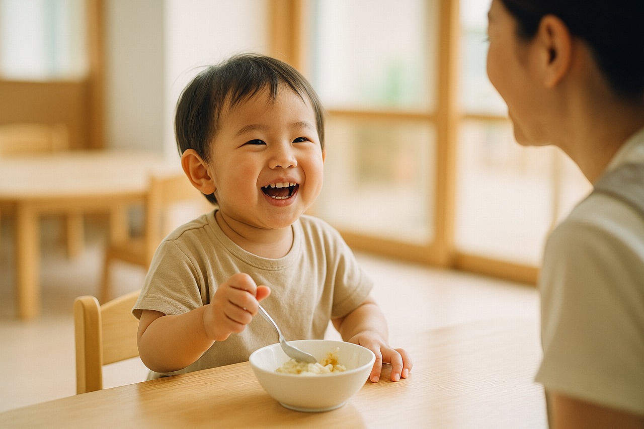 保育園のランチ時間、幼い日本人の子どもがスプーンで自分ですくうことに成功し、嬉しそうに保育士を見上げる瞬間。
