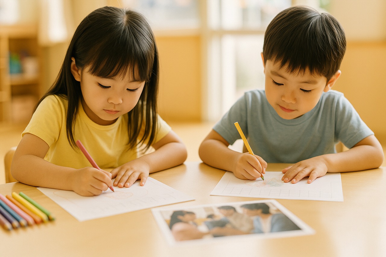 敬老会の思い出を絵日記に描く子どもたち。楽しげに話しながら振り返る場面。