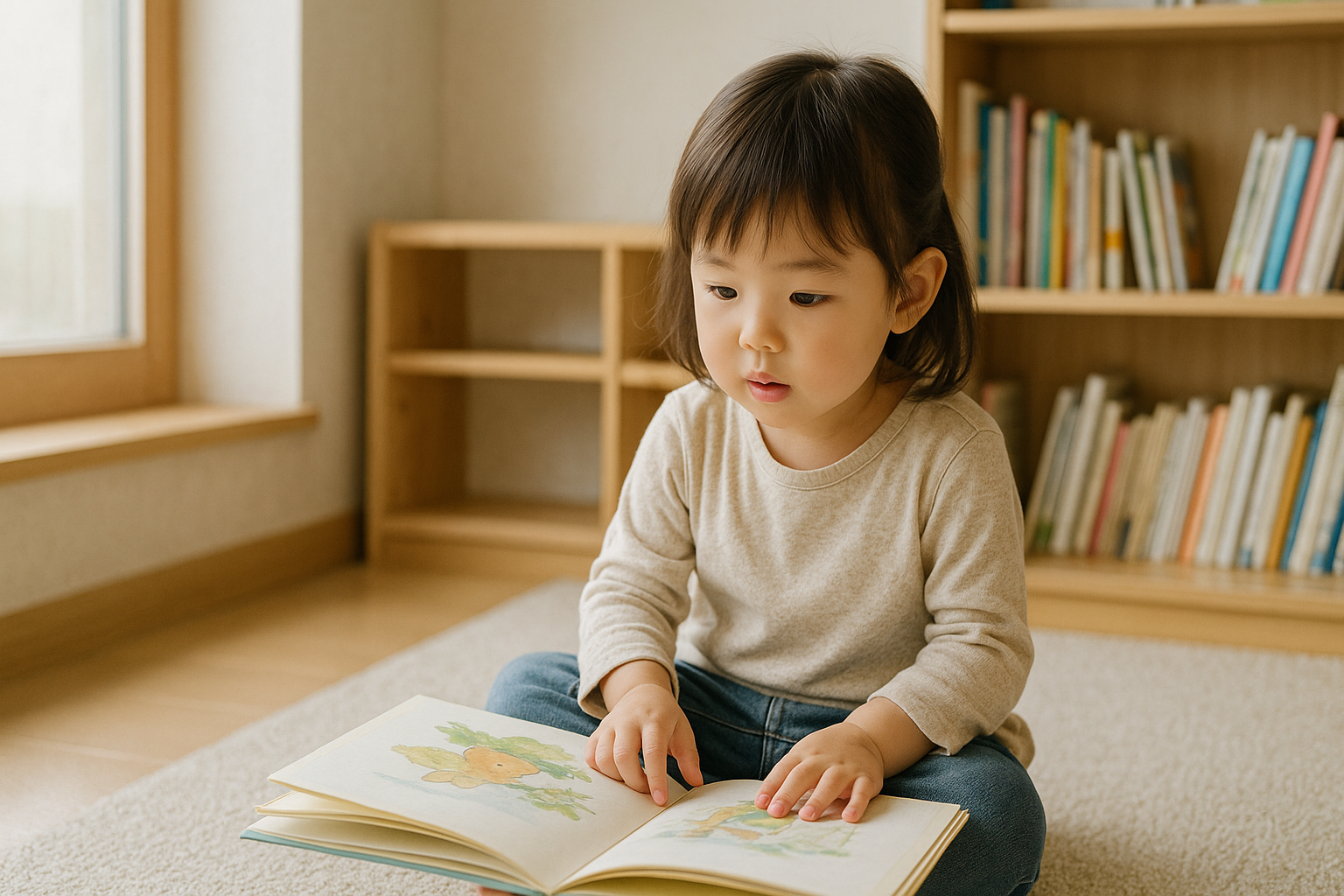 絵本を眺めながら、小さくつぶやいている3歳児の姿。