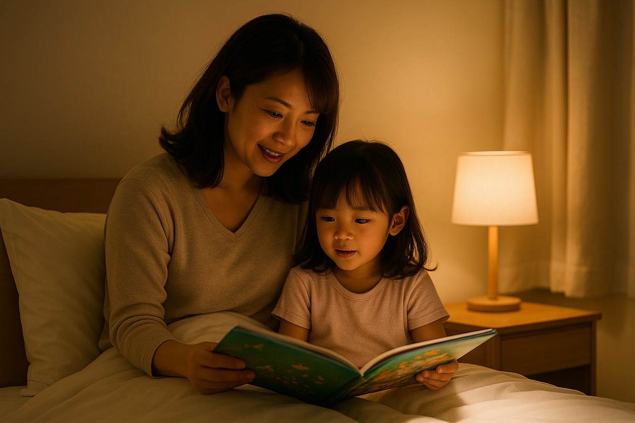 薄暗い寝室で親子が布団に並んで絵本を読み、穏やかに過ごしている様子の写真。