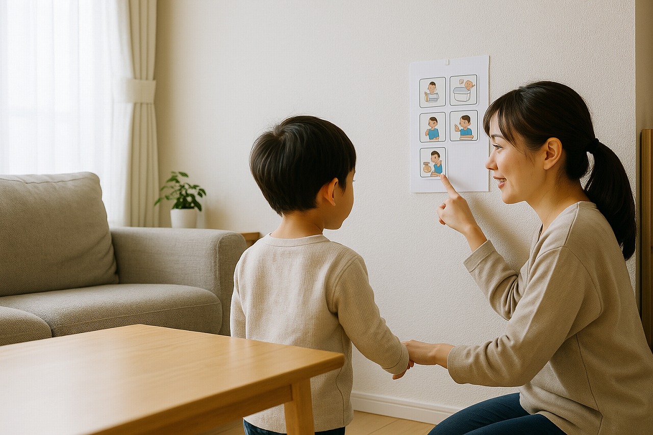 親子が壁の絵カードやルーティン表を見ながら予定を確認している様子の写真。