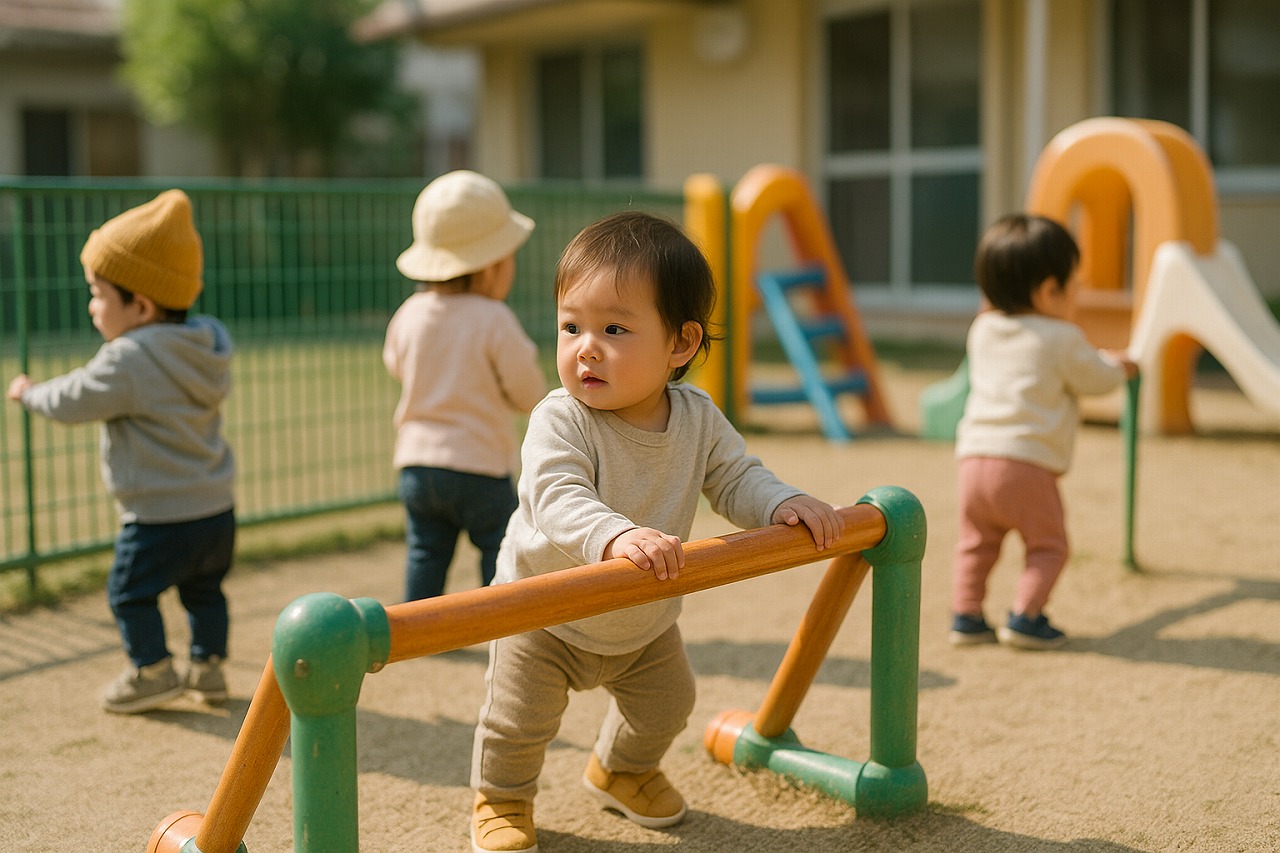 保育園の園庭で、1歳児たちが遊具につかまり立ちや伝い歩きをしている様子。やさしい自然光の中、のびのびと遊ぶ姿が伝わる写真。