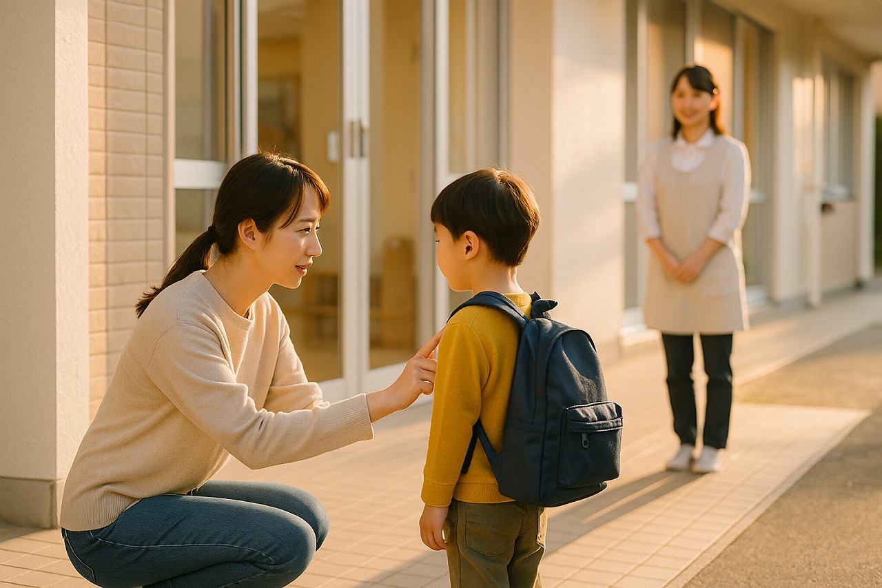 保育園の玄関で、保護者が子どもに短く声をかけて登園をサポートしている場面。