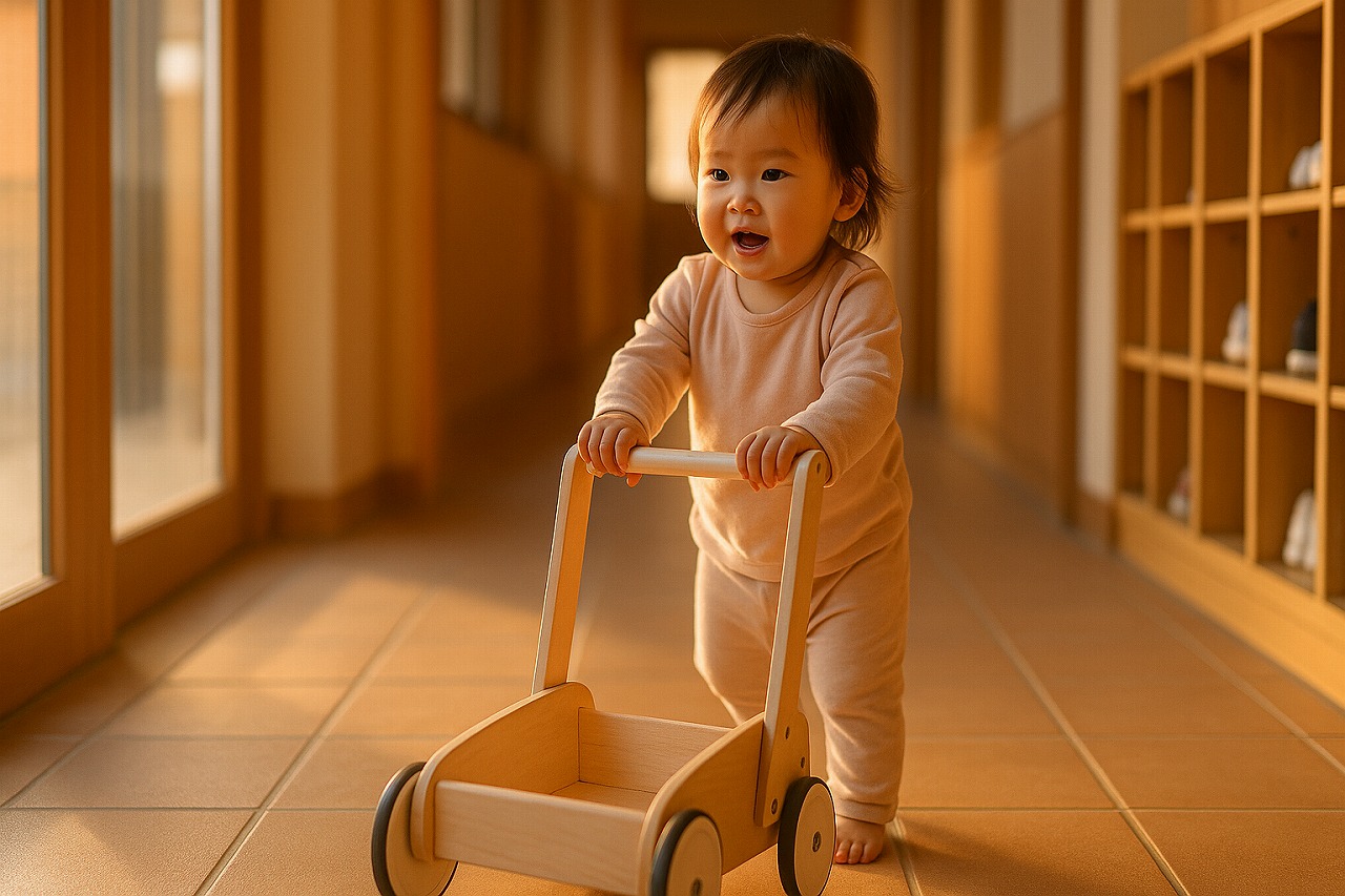 夕方の保育園玄関で、1歳児が手押し車を押して歩いている様子。逆光の柔らかい光に包まれた自然なシーン。