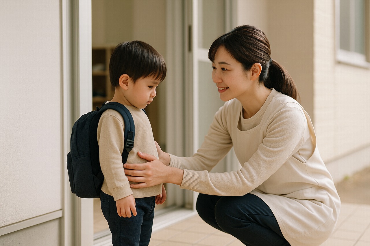 自宅の玄関で、親子が軽くタッチをして登園前の安心の時間を過ごしている後ろ姿。