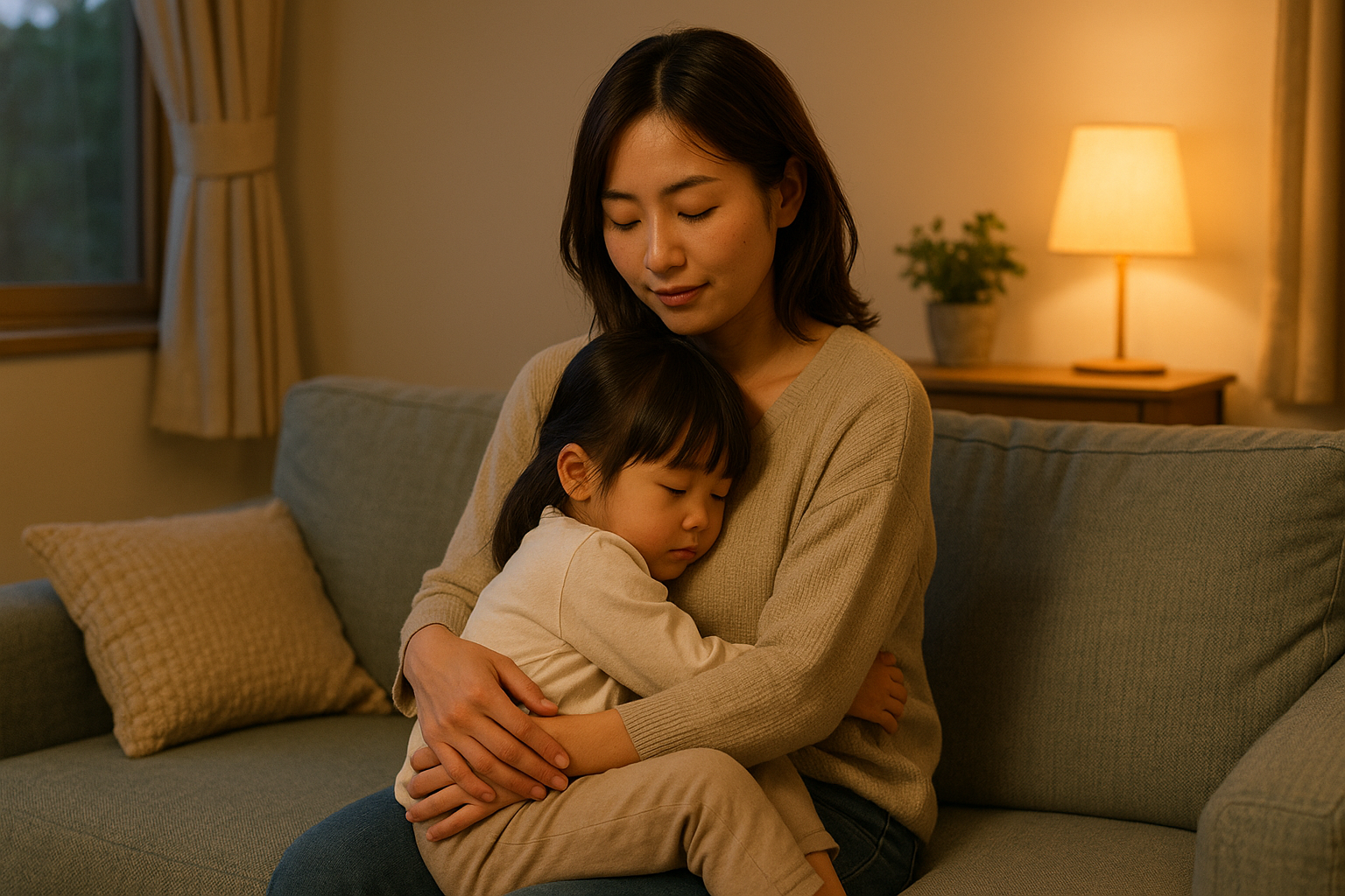 夜の室内で、親が泣いて起きた子どもを抱きしめ、落ち着かせている様子。優しい光に包まれた安心感のある場面。