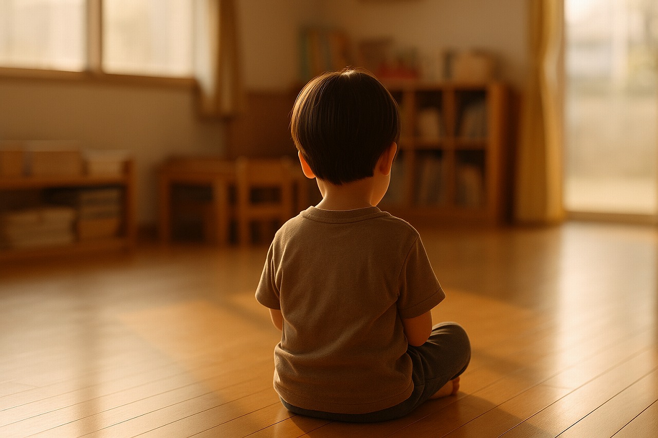 夕方の保育室で幼児が静かに座り、一日の疲れを癒すように過ごしている後ろ姿の写真。