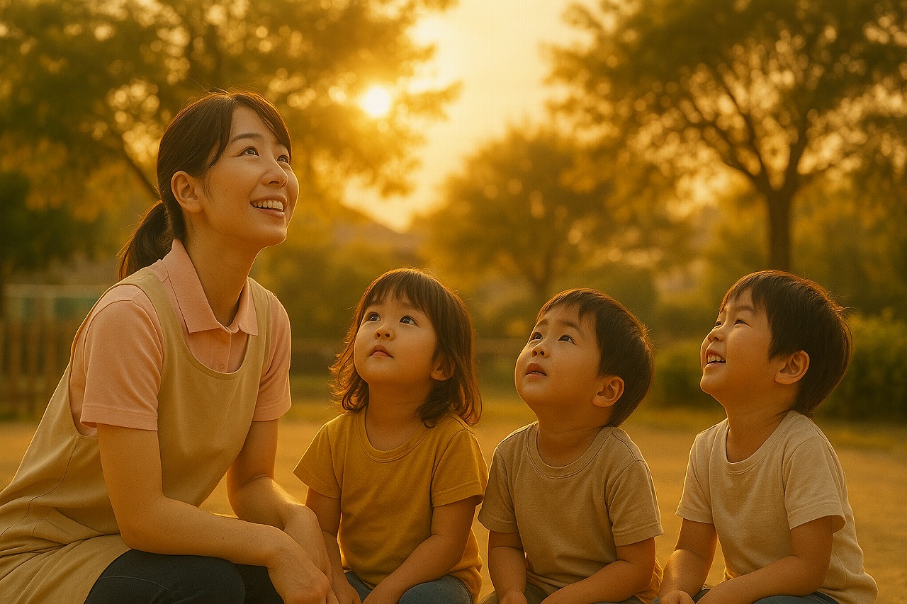 夕方の園庭で空を見上げる保育士と子どもたち。あたたかい夕陽に包まれた穏やかな光景。