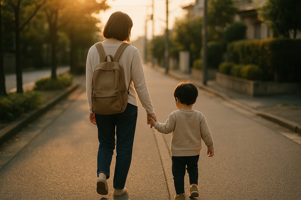夕方の道を、ママと子どもが手をつないで歩く後ろ姿を捉えた温かい雰囲気の写真。