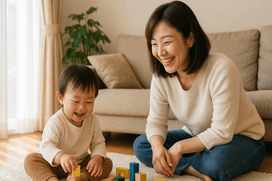 自然光の差し込むリビングで、幼い子どもが保護者のそばで安心して遊ぶ様子を写した、家庭の温かさが伝わる写真。