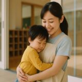 保育園の玄関前で幼児が保育士に寄り添い、自然光の中で安心した表情を見せる様子を写した写真風の情景。