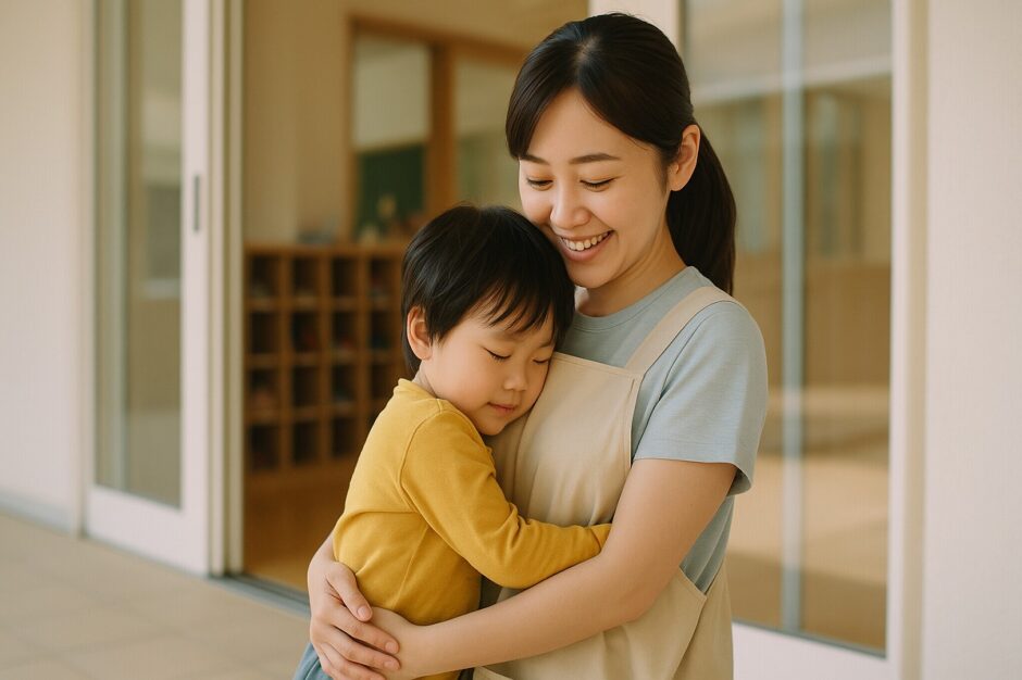 保育園の玄関前で幼児が保育士に寄り添い、自然光の中で安心した表情を見せる様子を写した写真風の情景。