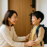 朝の玄関で、日本人の親子が笑顔で向き合いながら保育園へ向かう準備をしている様子。自然光が入り、落ち着いた雰囲気の中で子どもが安心した表情を見せている写真風のイメージ。