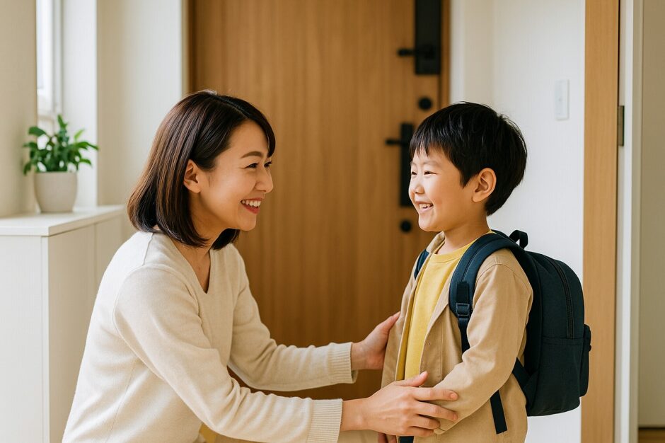 朝の玄関で、日本人の親子が笑顔で向き合いながら保育園へ向かう準備をしている様子。自然光が入り、落ち着いた雰囲気の中で子どもが安心した表情を見せている写真風のイメージ。