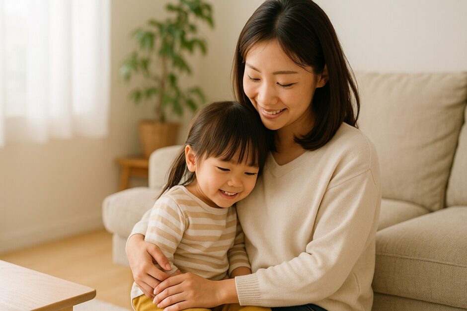 自然光の差し込むリビングで、ママと幼い子どもが寄り添ってくつろぐ様子を写した写真。優しい光に包まれた、安心感のある家庭の雰囲気が伝わるアイキャッチ画像。