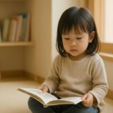 保育園の絵本コーナーで幼児が静かに本を見ている様子を写した、落ち着いた雰囲気の写真。