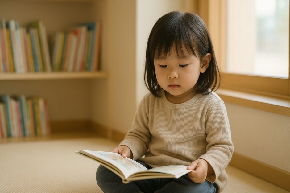 保育園の絵本コーナーで幼児が静かに本を見ている様子を写した、落ち着いた雰囲気の写真。