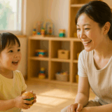 保育室の自然光の中で、3歳児が保育士に笑顔で話しかけている場面を写した写真。会話を楽しむ雰囲気が伝わる構図。