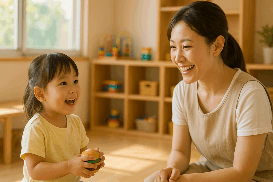 保育室の自然光の中で、3歳児が保育士に笑顔で話しかけている場面を写した写真。会話を楽しむ雰囲気が伝わる構図。