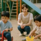 園庭で兄弟がそれぞれ異なる遊びに夢中になっている様子を写した写真。やわらかな自然光の中、性格の違いが感じられる自然な距離感が伝わる。