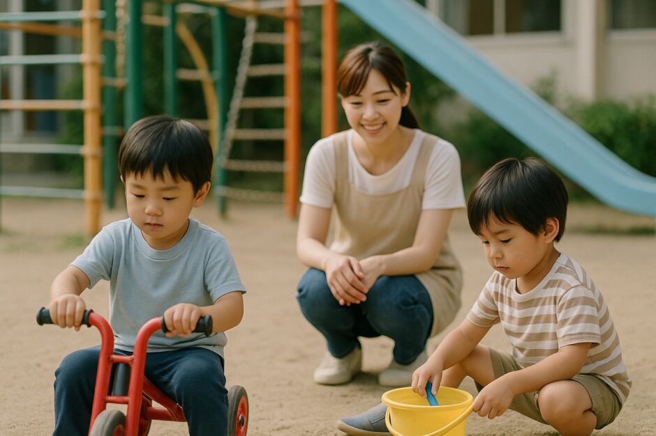 園庭で兄弟がそれぞれ異なる遊びに夢中になっている様子を写した写真。やわらかな自然光の中、性格の違いが感じられる自然な距離感が伝わる。