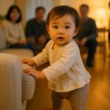家庭のリビングで1歳の女の子がつかまり立ちしている様子。あたたかい室内光の中、安心した家庭の雰囲気を伝える写真。