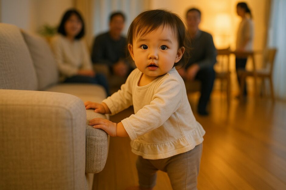 家庭のリビングで1歳の女の子がつかまり立ちしている様子。あたたかい室内光の中、安心した家庭の雰囲気を伝える写真。