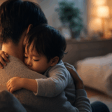 夜のリビングで親が幼い子どもを抱きしめ、落ち着かせている後ろ姿。柔らかな照明に包まれた、安心感のある家庭の夜のワンシーン。