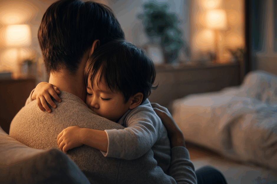 夜のリビングで親が幼い子どもを抱きしめ、落ち着かせている後ろ姿。柔らかな照明に包まれた、安心感のある家庭の夜のワンシーン。