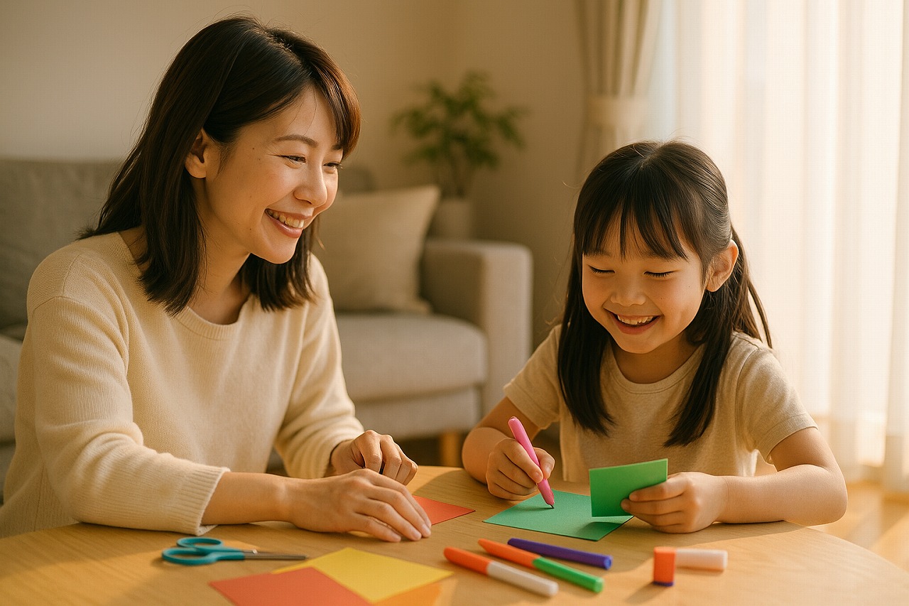 親子がリビングで一緒に工作をする様子。温かな家庭の雰囲気。