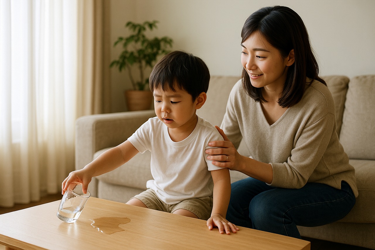 リビングで水をこぼした子どもを、親が穏やかに支えている様子を写した写真。