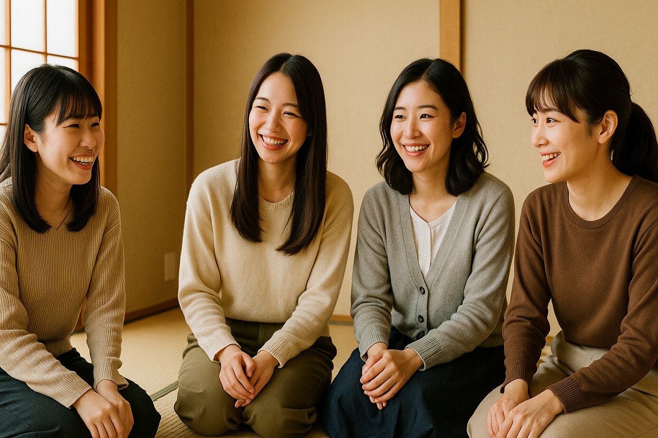 旅館の和室で談笑する大学生の女性たち。楽しげな雰囲気が伝わる自然な場面。