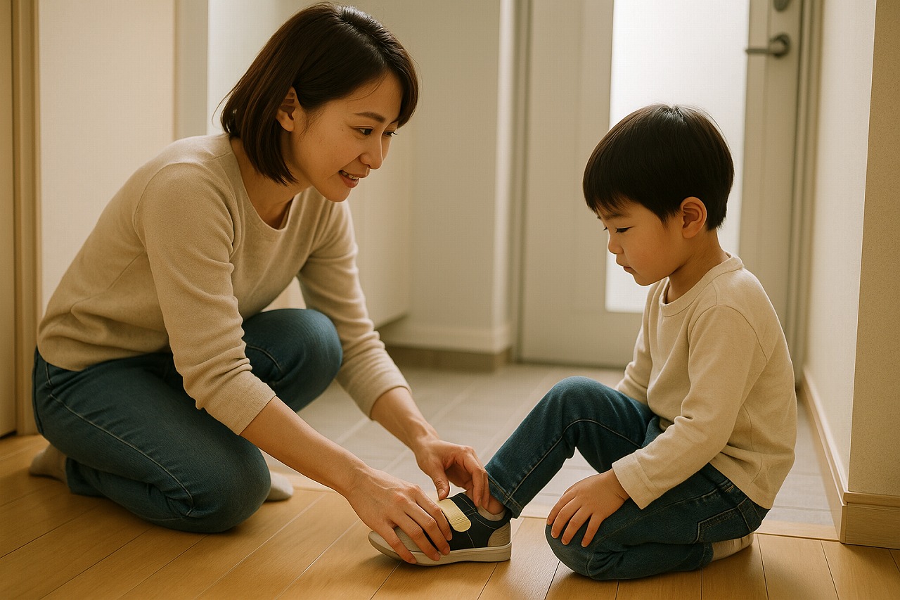 玄関で parent が子どもを優しく手伝いながら靴を履かせている様子を撮影した写真。