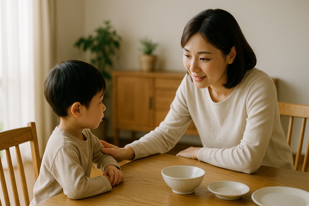 食卓で親が子どもにやさしく声をかけ、ご飯へ誘っている様子を写した写真。