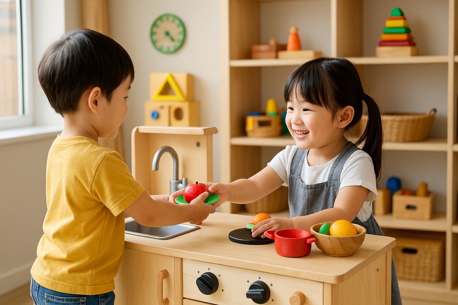 ままごと遊びで役になりきる3歳児たちが、店員とお客さんとしてやりとりしている場面。