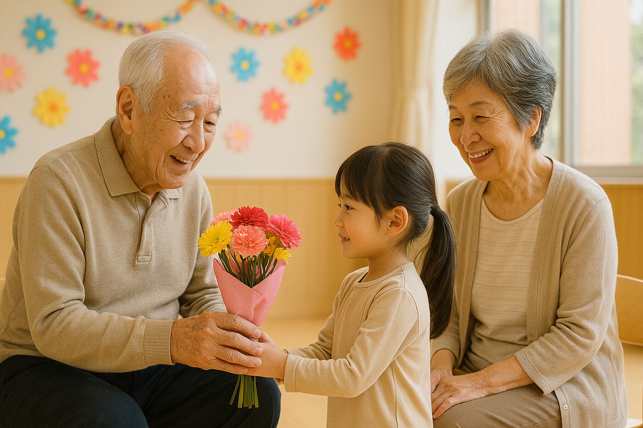 保育園のホールで子どもが祖父母に花束を渡す様子。微笑みと感謝が伝わる場面。