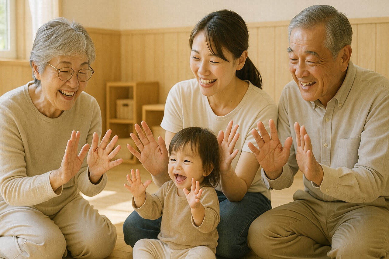 敬老会で祖父母と手遊びをする1〜2歳児の園児。穏やかな笑顔が広がるシーン。