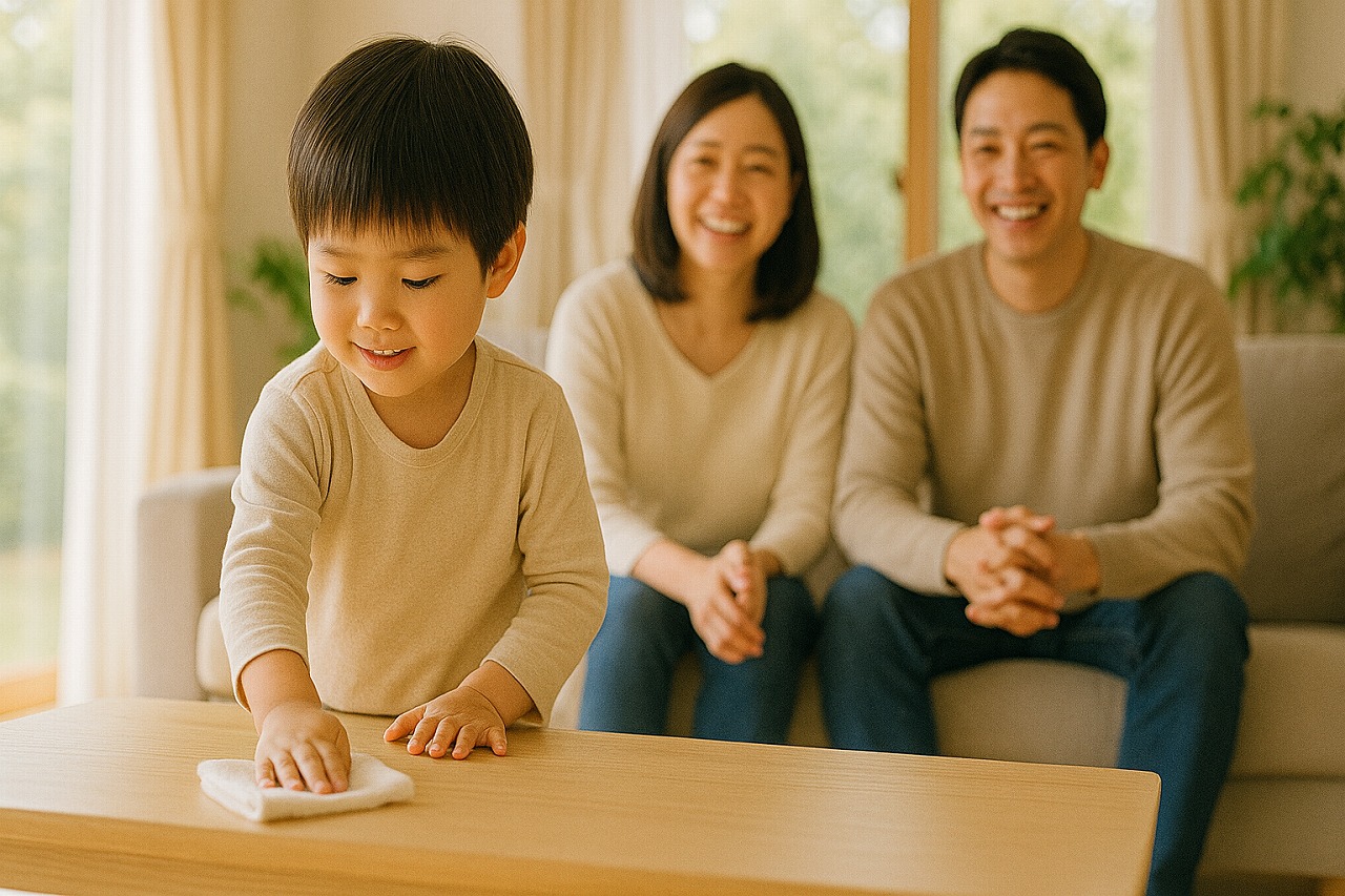 家族と一緒にテーブルを拭く子どもの姿。