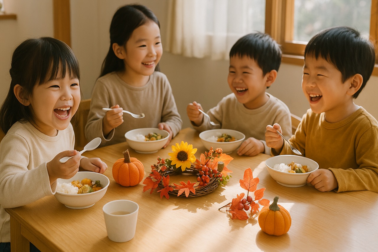 季節の飾りがある保育園の食卓を囲んで園児が食事している