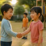 保育園の園庭で、ケンカのあと仲直りした子どもたちが笑顔で手をつなぎ、夕方の光の中で遊んでいる様子。保育士がやさしく見守っている。