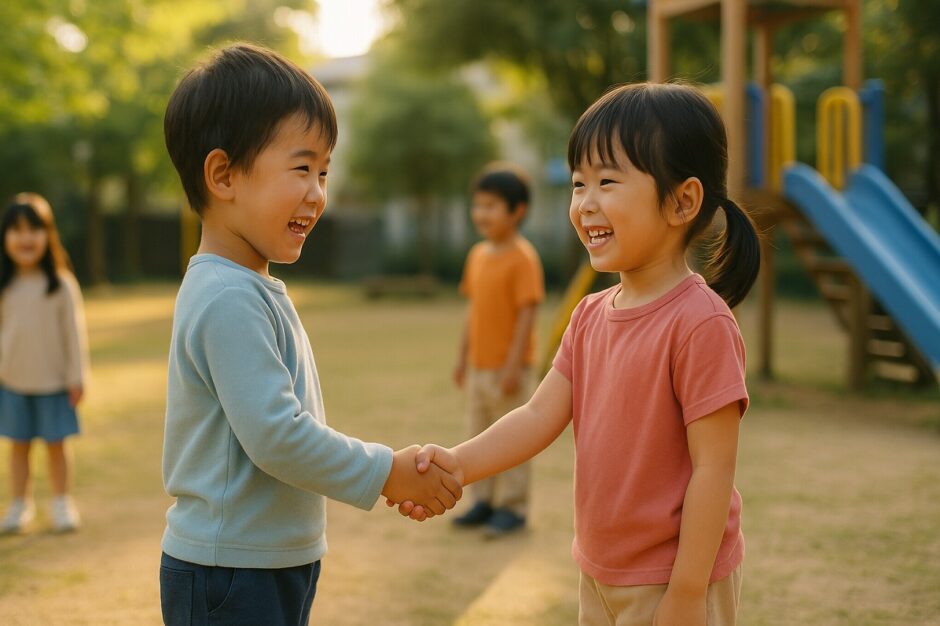 保育園の園庭で、ケンカのあと仲直りした子どもたちが笑顔で手をつなぎ、夕方の光の中で遊んでいる様子。保育士がやさしく見守っている。