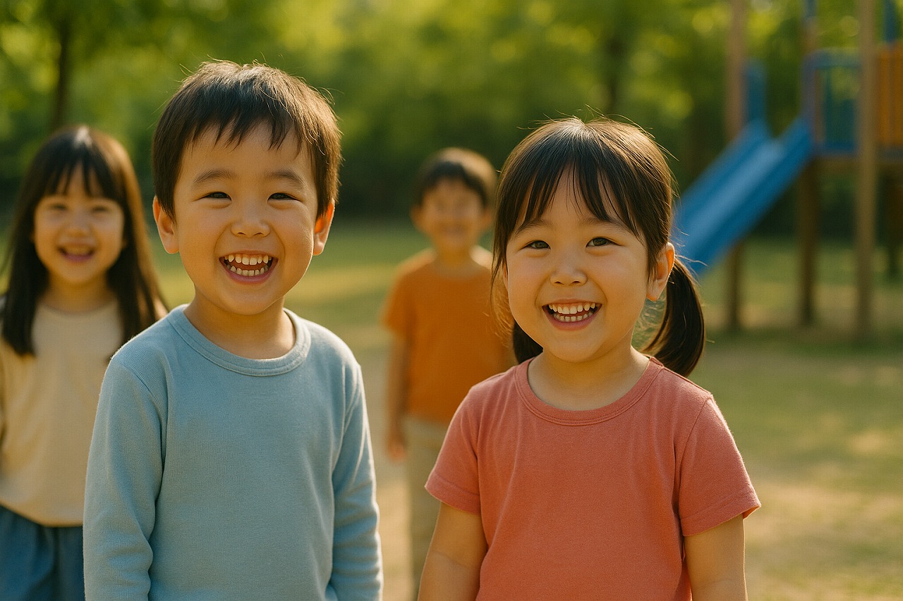 保育園の園庭で、笑顔で遊ぶ子どもたち。穏やかな日差しが差し込む明るい風景。