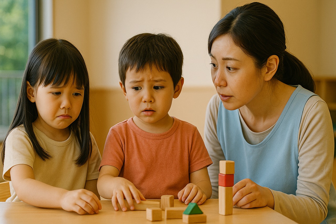積み木で遊んでいる子どもたちがトラブルになり、保育士がそばで優しく見守っている場面。